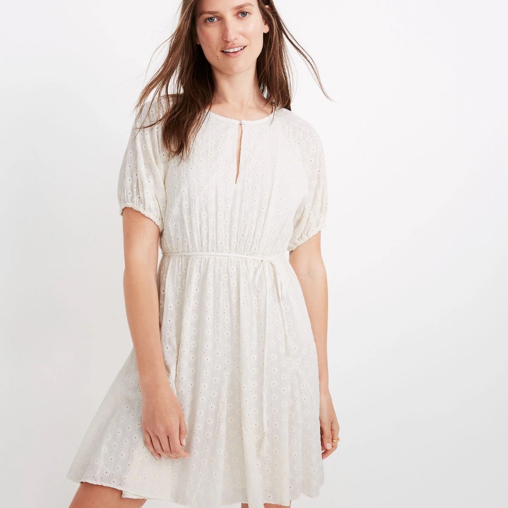 Madewell Cream Smocked Puff Sleeve Mini Dress
